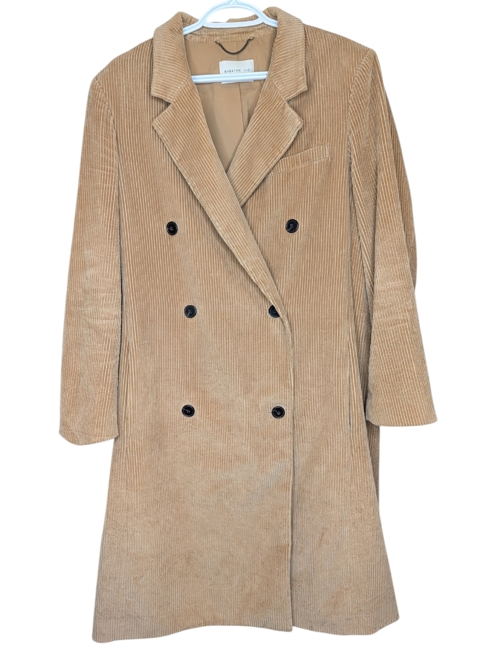 Babaton Corduroy Long Coat Camel Double Breasted Womens L